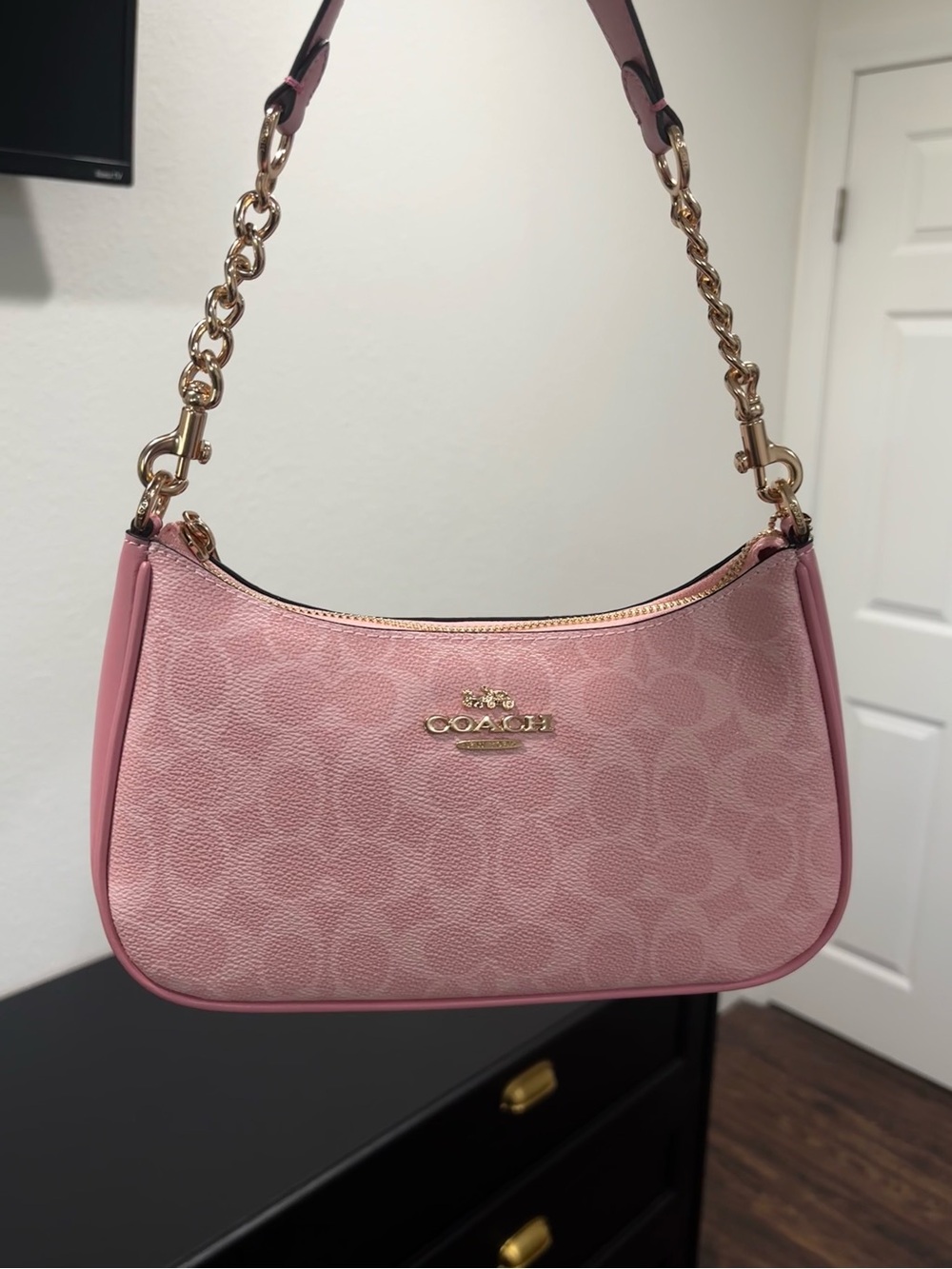 Coach Pink Teri Signature Shoulder Bag with Gold Hardware
